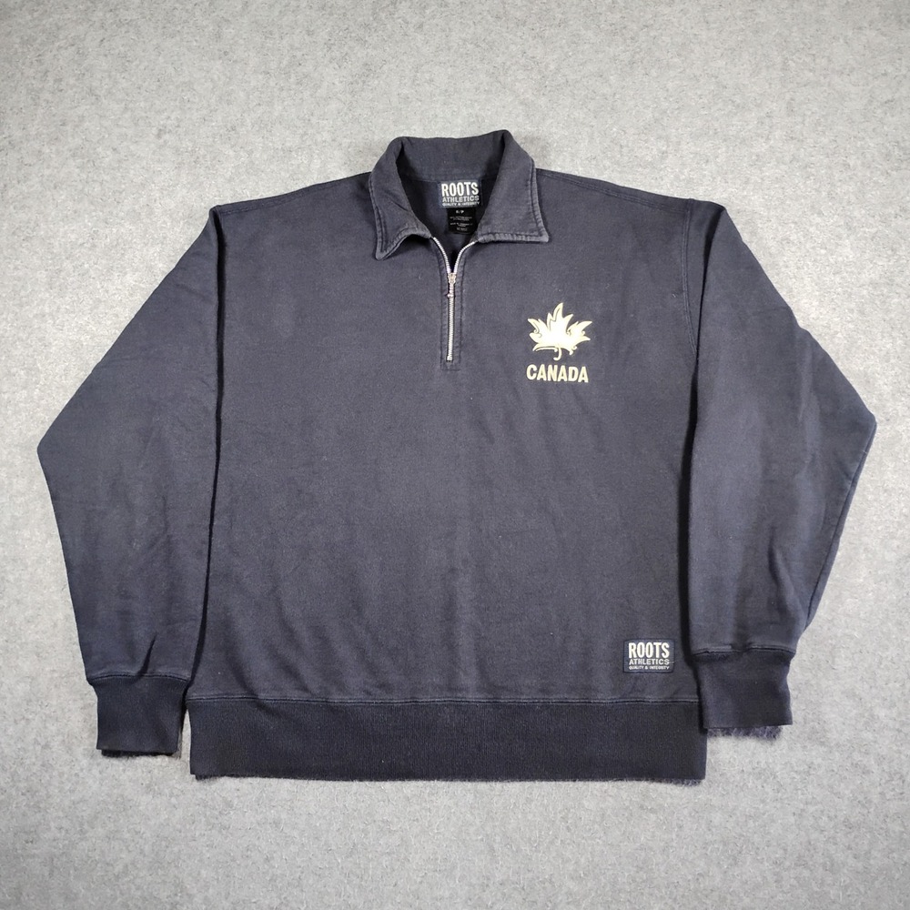 Roots Athletics Men Small Blue Canada Quarter Zip Sweatshirt Maple Leaf Pullover